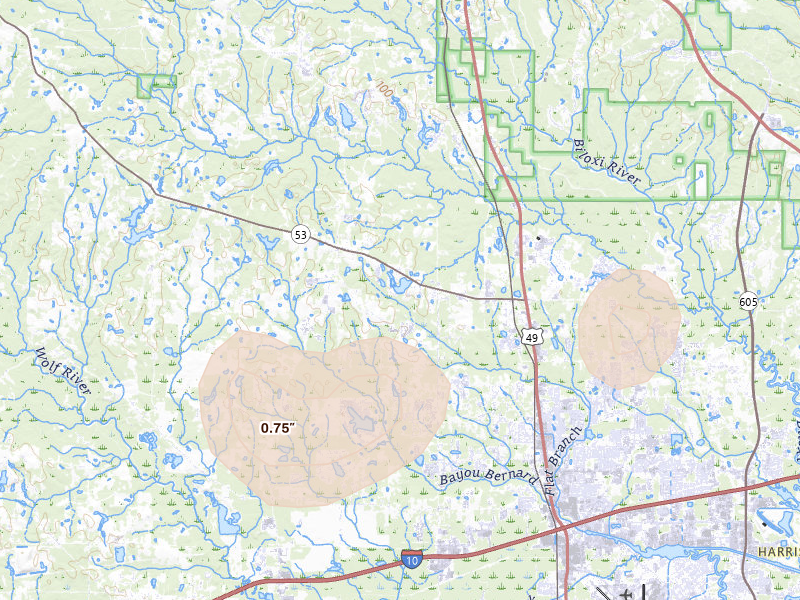 Radar-estimated hail-size map of the storm over Gulfport, MS on Aug 21, 2026