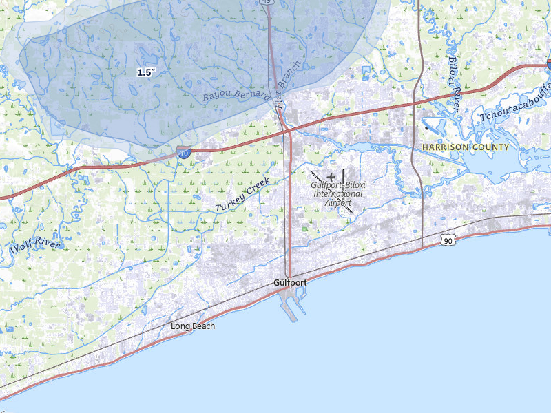 NEXRAD radar-signature map of the hail storm over Gulfport, MS on Aug 21, 2026