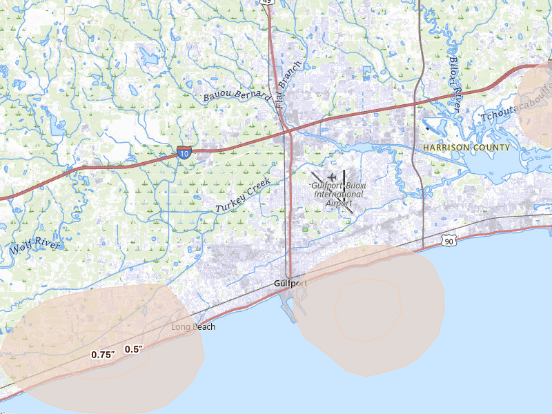 Radar-estimated hail-size map of the storm over Gulfport, MS on Aug 26, 2026