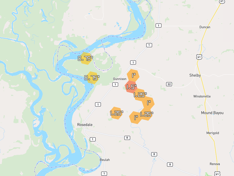 Hail map of Gunnison, MS on Jun 2, 2026, hail up to 1.5"
