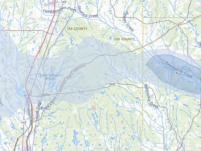 NEXRAD radar-signature map of the hail over Guntown, MS