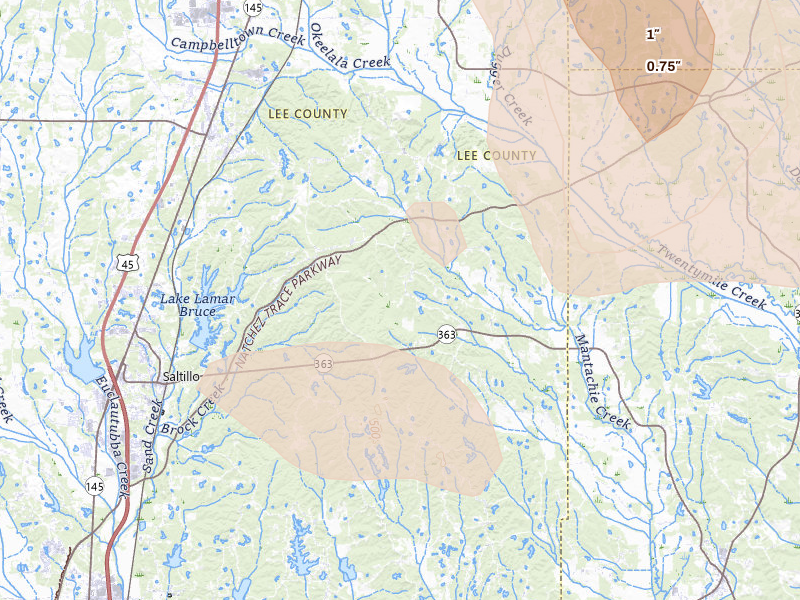 Radar-estimated hail-size map of the storm over Guntown, MS on Jun 1, 2026