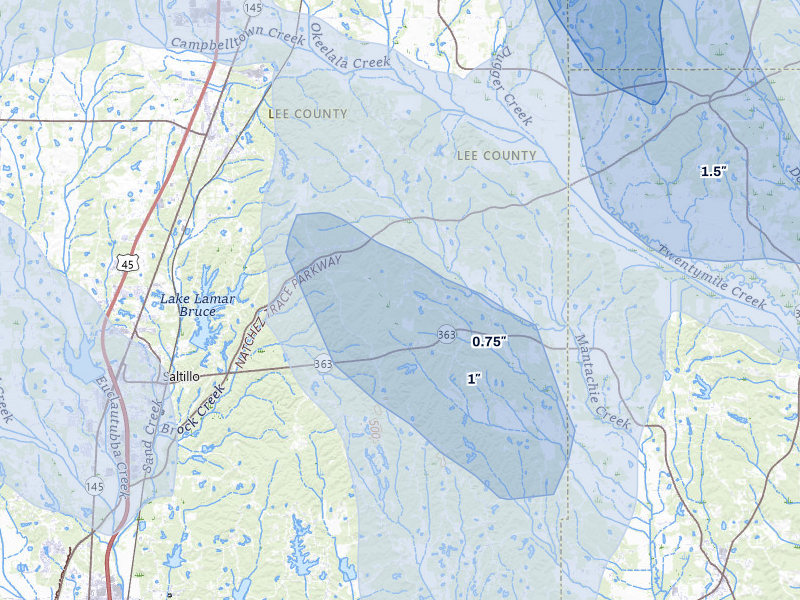 NEXRAD radar-signature map of the hail over Guntown, MS