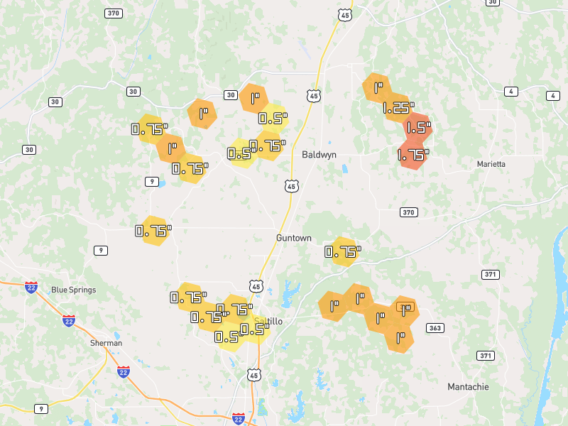Hail map of Guntown, MS on Jun 1, 2026, hail up to 1.75"