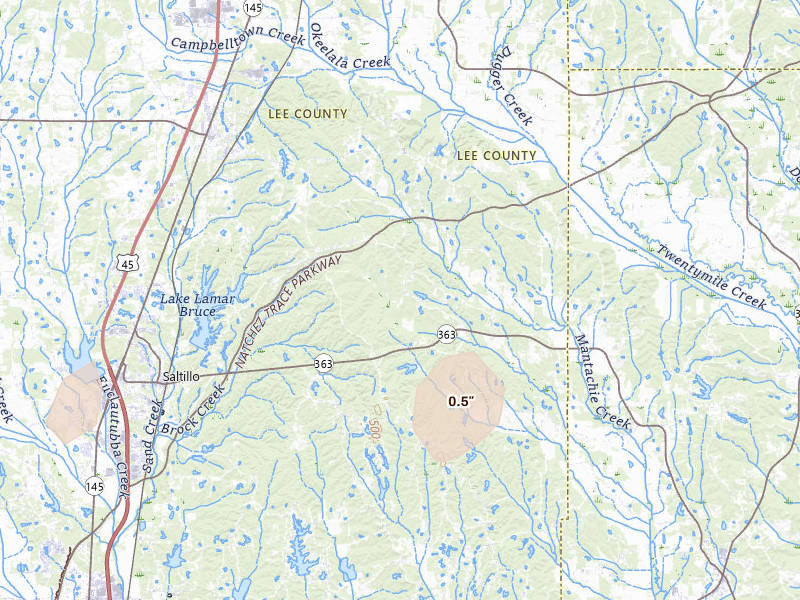 Radar-estimated hail-size map of the storm over Guntown, MS on Jul 3, 2026