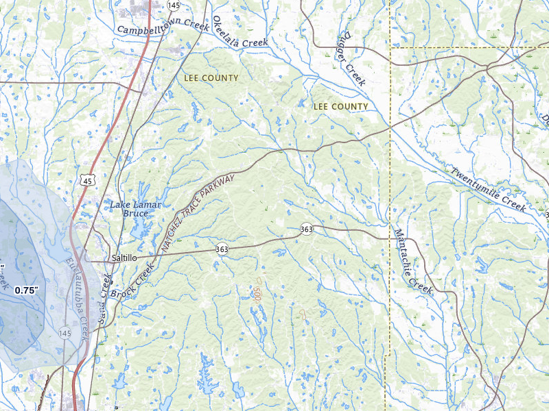 NEXRAD radar-signature map of the hail storm over Guntown, MS on Jul 3, 2026
