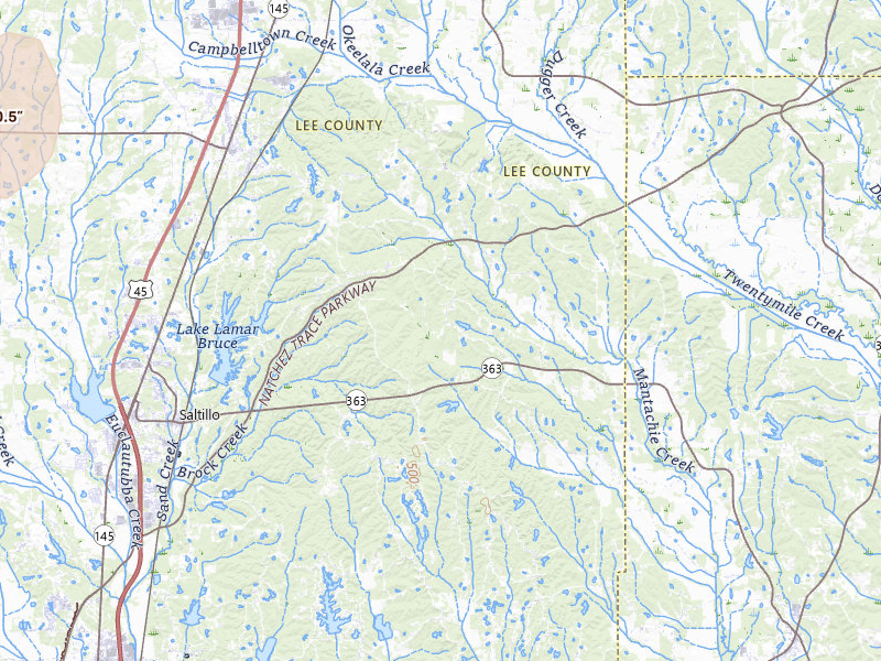 Radar-estimated hail-size map of the storm over Guntown, MS on Jul 4, 2026