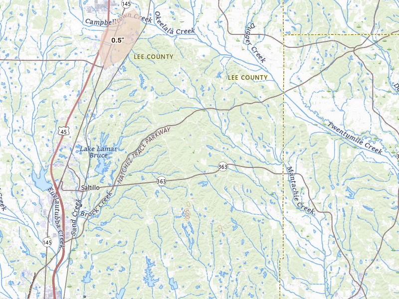 Radar-estimated hail-size map of the storm over Guntown, MS on Jul 29, 2026