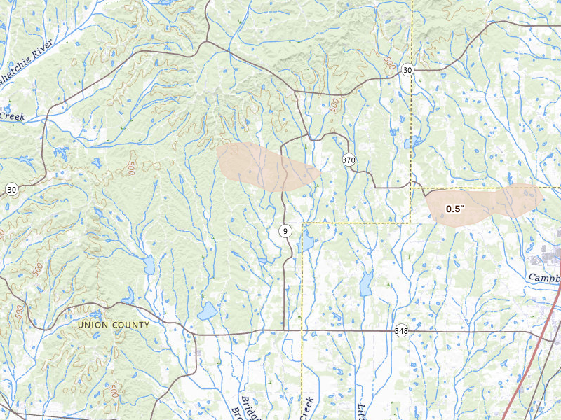 Radar-estimated hail-size map of the storm over Guntown, MS on Aug 20, 2026