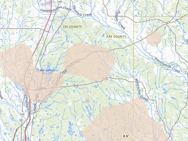 Radar-estimated hail-size map of the storm over Guntown, MS on Aug 22, 2026