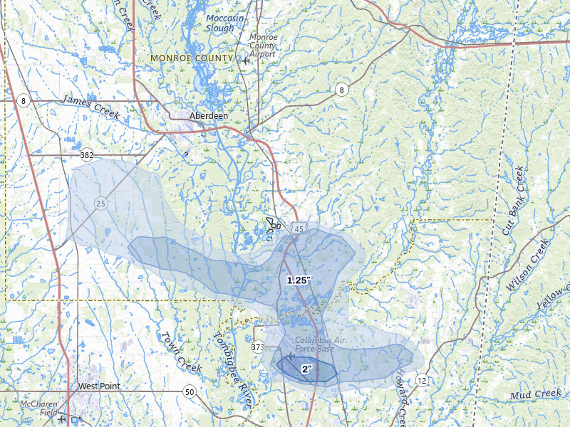 NEXRAD radar-signature map of the hail over Hamilton, MS