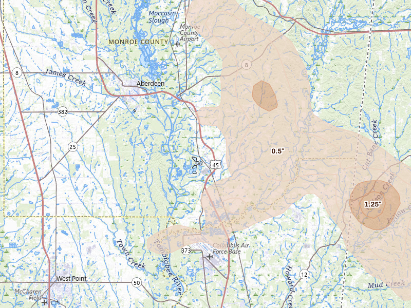 Radar-estimated hail-size map of the storm over Hamilton, MS on Jun 1, 2026