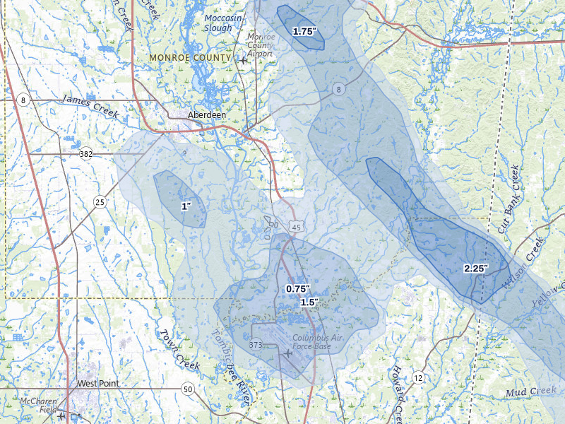 NEXRAD radar-signature map of the hail over Hamilton, MS
