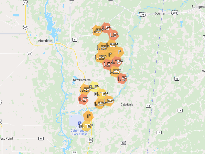 Hail map of Hamilton, MS on Jun 1, 2026, hail up to 1.75"