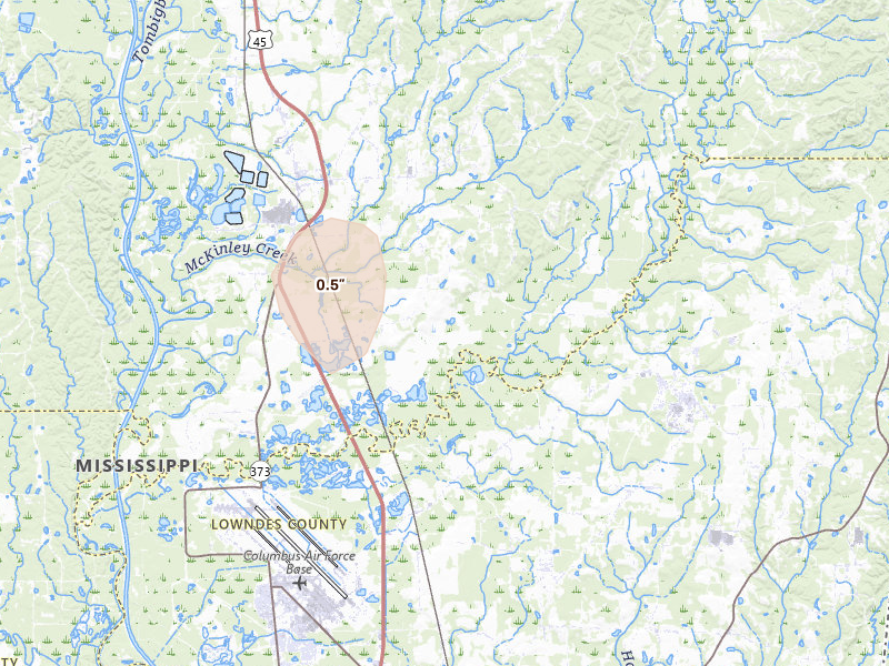 Radar-estimated hail-size map of the storm over Hamilton, MS on Aug 9, 2026