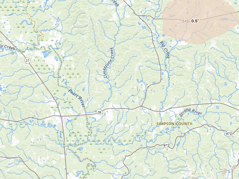 Radar-estimated hail-size map of the storm over Harrisville, MS on Apr 25, 2026