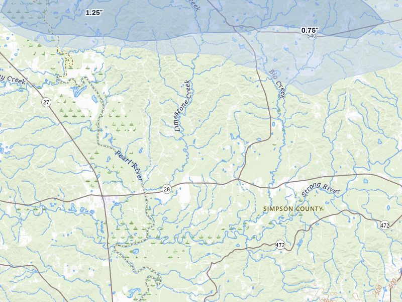 NEXRAD radar-signature map of the hail over Harrisville, MS