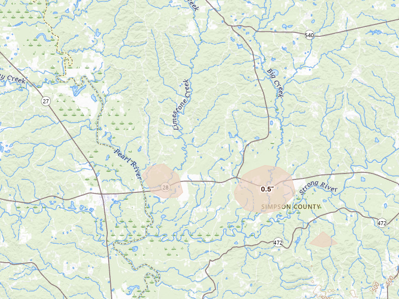 Radar-estimated hail-size map of the storm over Harrisville, MS on Apr 29, 2026