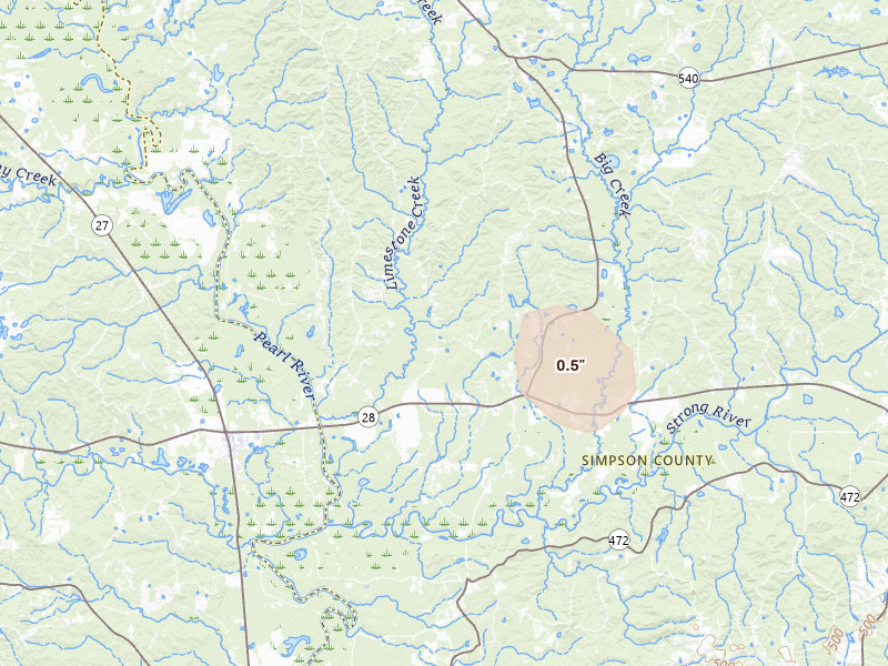 Radar-estimated hail-size map of the storm over Harrisville, MS on Jun 25, 2026