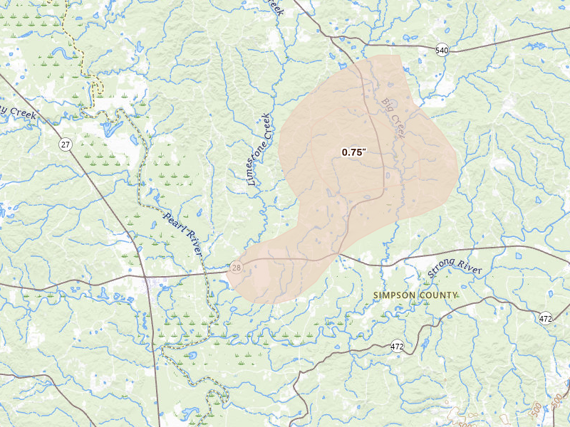 Radar-estimated hail-size map of the storm over Harrisville, MS on Aug 6, 2026