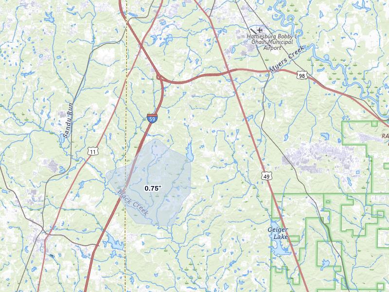 NEXRAD radar-signature map of the hail over Hattiesburg, MS