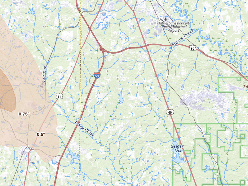 Radar-estimated hail-size map of the storm over Hattiesburg, MS on Apr 24, 2026