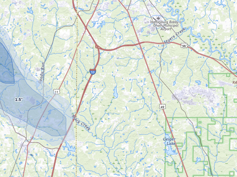 NEXRAD radar-signature map of the hail over Hattiesburg, MS