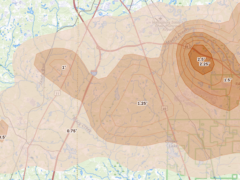 Radar-estimated hail-size map of the storm over Hattiesburg, MS on May 6, 2026