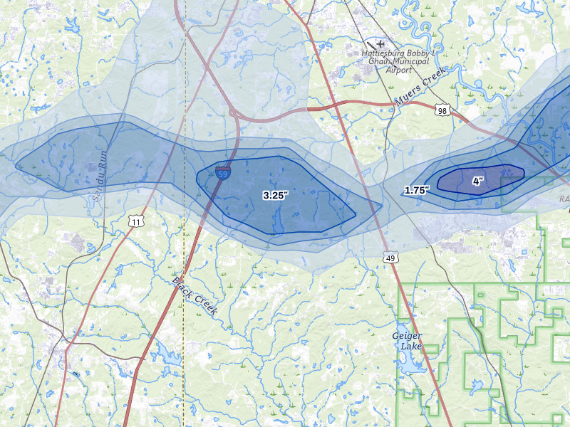 NEXRAD radar-signature map of the hail storm over Hattiesburg, MS on May 6, 2026