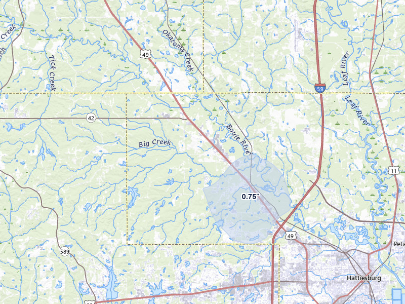NEXRAD radar-signature map of the hail storm over Hattiesburg, MS on Jul 8, 2026