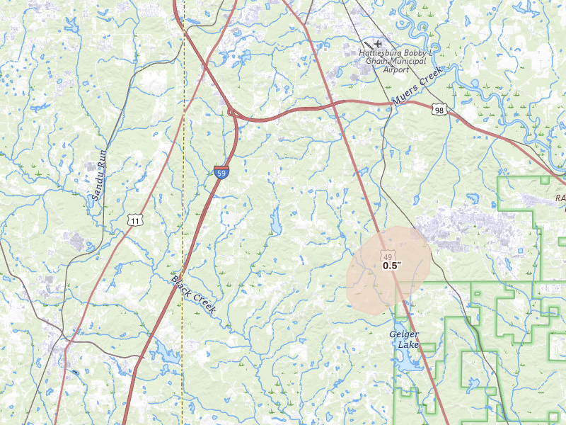 Radar-estimated hail-size map of the storm over Hattiesburg, MS on Jul 9, 2026