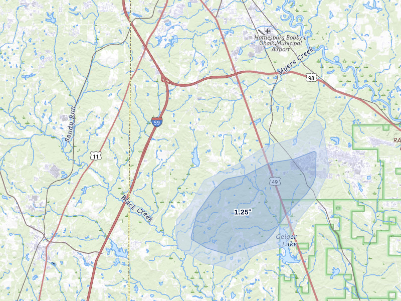 NEXRAD radar-signature map of the hail storm over Hattiesburg, MS on Jul 9, 2026