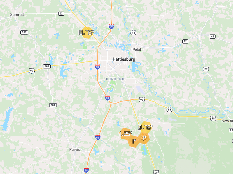 Hail map of Hattiesburg, MS on Jul 9, 2026, hail up to 1.25"