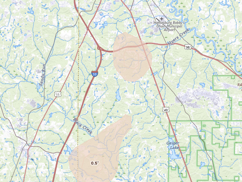 Radar-estimated hail-size map of the storm over Hattiesburg, MS on Aug 21, 2026
