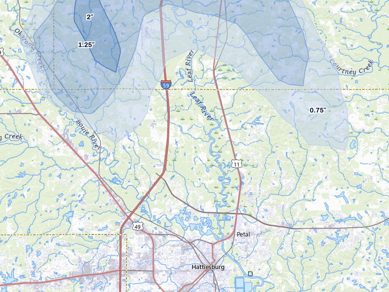 NEXRAD radar-signature map of the hail storm over Hattiesburg, MS on Aug 21, 2026