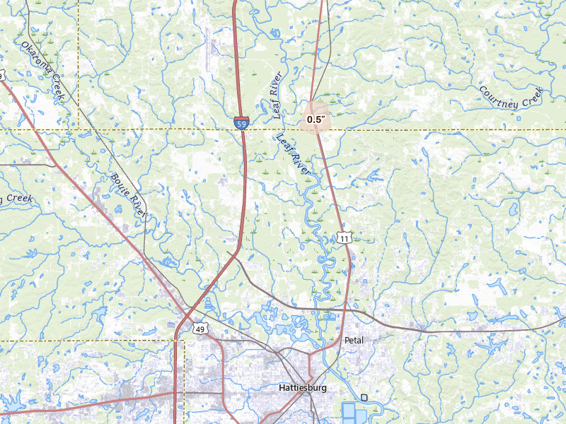 Radar-estimated hail-size map of the storm over Hattiesburg, MS on Aug 26, 2026