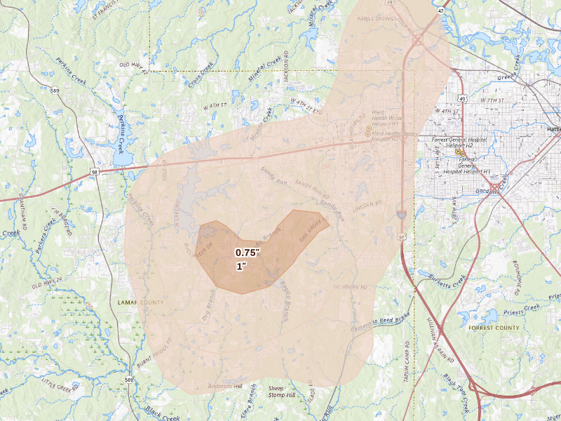Radar-estimated hail-size map of the storm over Hattiesburg, MS
