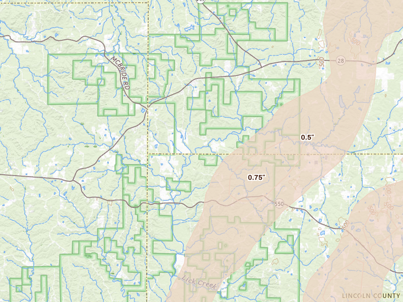 Radar-estimated hail-size map of the storm over Hazlehurst, MS on Mar 7, 2026