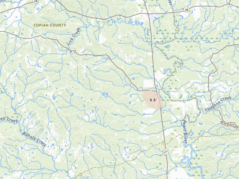 Radar-estimated hail-size map of the storm over Hazlehurst, MS on Aug 18, 2026
