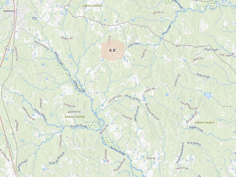 Radar-estimated hail-size map of the storm over Hazlehurst, MS