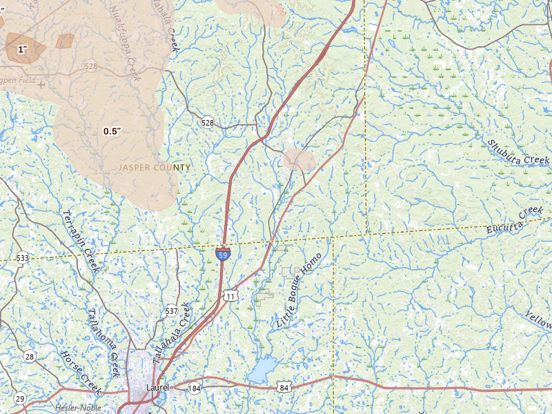 Radar-estimated hail-size map of the storm over Heidelberg, MS on Apr 24, 2026