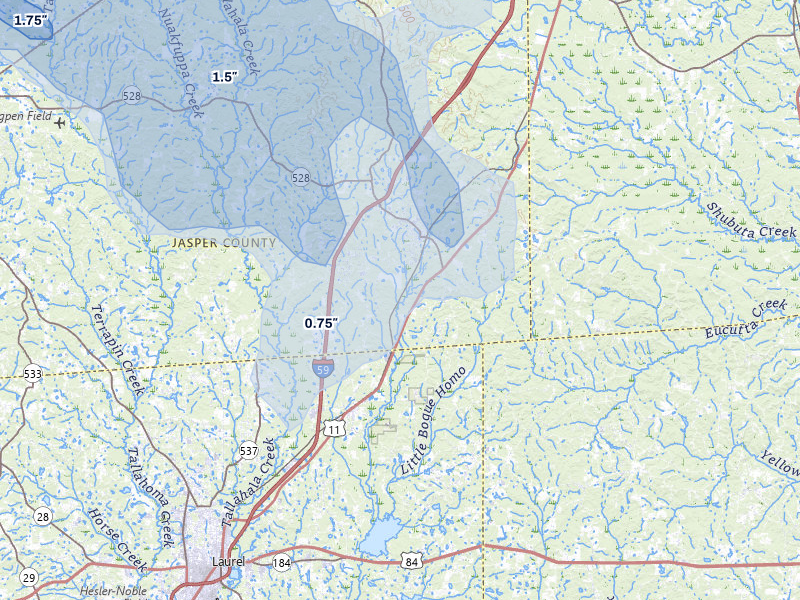 NEXRAD radar-signature map of the hail storm over Heidelberg, MS on Apr 24, 2026