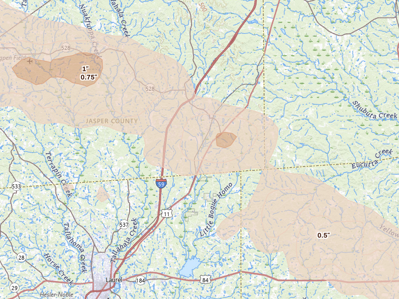 Radar-estimated hail-size map of the storm over Heidelberg, MS on Apr 29, 2026