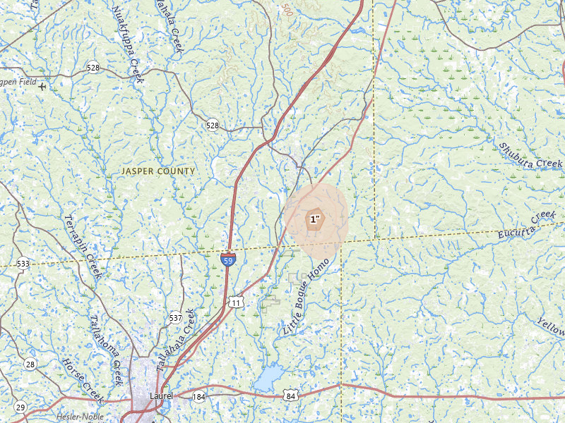 Radar-estimated hail-size map of the storm over Heidelberg, MS on Jul 30, 2026