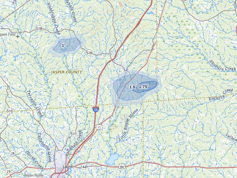 NEXRAD radar-signature map of the hail storm over Heidelberg, MS on Jul 30, 2026