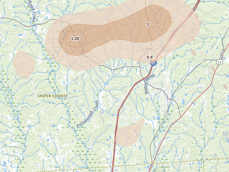 Radar-estimated hail-size map of the storm over Heidelberg, MS on Aug 20, 2026