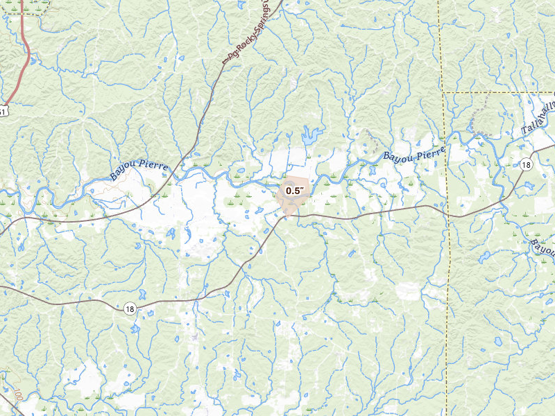 Radar-estimated hail-size map of the storm over Hermanville, MS on Jul 4, 2026