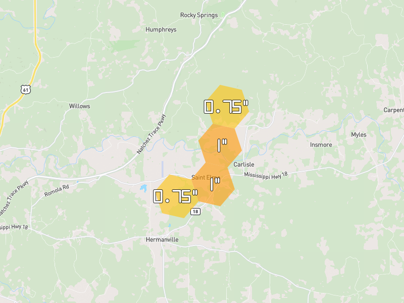 Hail map of Hermanville, MS on Jul 5, 2026, hail up to 1"