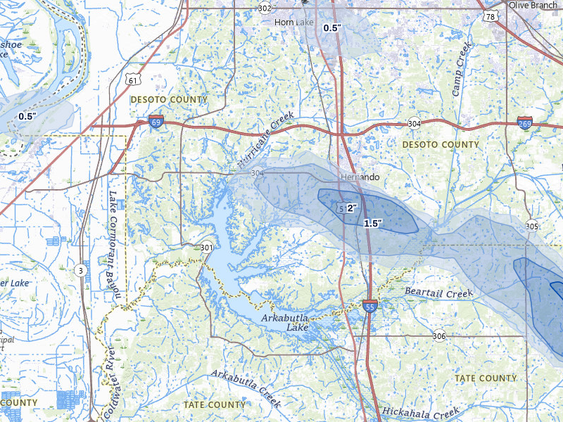 NEXRAD radar-signature map of the hail storm over Hernando, MS on Feb 26, 2026