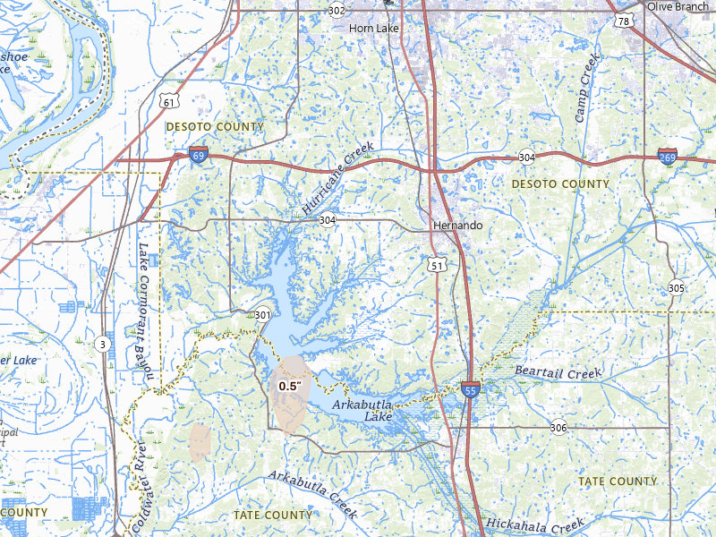 Radar-estimated hail-size map of the storm over Hernando, MS on Mar 15, 2026